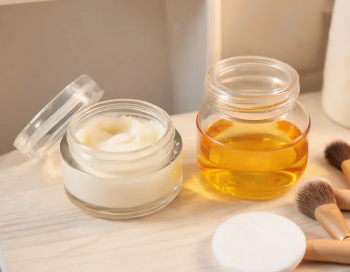 cleansing balm vs oil on a cosmetics bench, illustration only